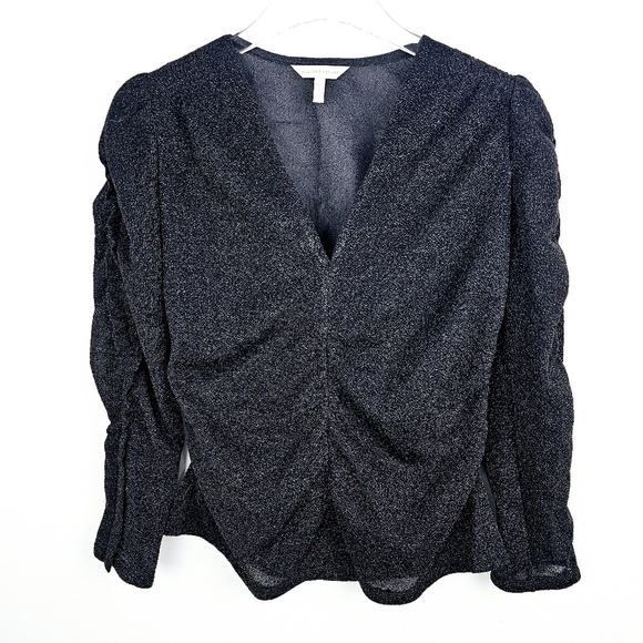 Rebecca Taylor Lurex Jersey Ruched V-neck Top Black Metallic Glitter size Small - Picture 5 of 14